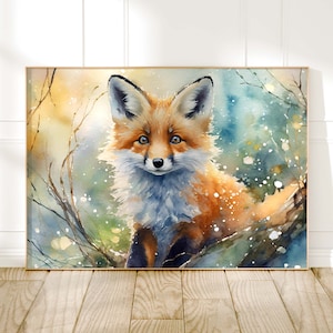 Fox Watercolour Painting, Animal Print, Cottagecore Farmhouse Gallery Wall Art, Original Art Fox Poster, Nature Home Decor Gift For Her