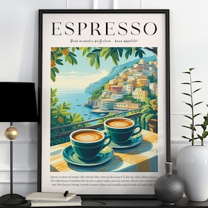 Impresión de café expreso, póster de bebida italiana, decoración de cocina retro colorida, arte de café vintage, arte mural de comida y bebida de moda, regalo de café