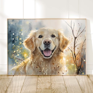 Dog Watercolour Print, Golden Retriever Pet Portrait, Animal Poster, Dog Gift For Owners, Living Room Bedroom Large Wall Art, Dog Lover Gift