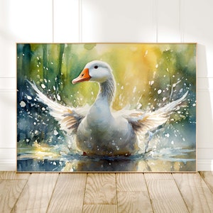 Goose Watercolour Painting, Colourful Bird Print, Cottagecore Farmhouse Decor, Living Room Wall Art, Wildlife Nature Gift For Art Lovers