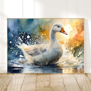 Goose Watercolour Painting, Colourful Bird Print, Cottagecore Farmhouse Decor, Living Room Wall Art, Wildlife Nature Gift For Art Lovers