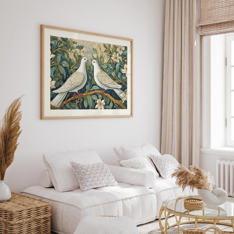 May include: A framed illustration of two white doves perched on a branch in a lush green garden with white flowers. The doves are facing each other and appear to be in a loving embrace.
