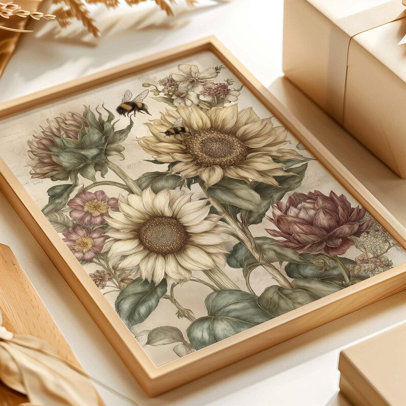 Puede incluir: Una impresi&oacute;n bot&aacute;nica enmarcada con girasoles, abejas y otras flores en tonos crema, amarillo y burdeos. La obra de arte est&aacute; enmarcada en un marco de madera clara, creando una est&eacute;tica vintage. La impresi&oacute;n es una ilustraci&oacute;n detallada.