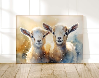 Puede incluir: Pintura acuarela de dos cabras bebés con pelaje marrón y blanco. Las cabras miran al espectador con la boca ligeramente abierta. El fondo es una suave acuarela amarilla y azul.