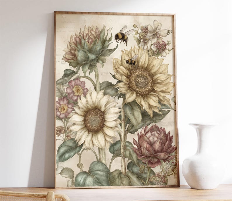 Puede incluir: Una impresi&oacute;n bot&aacute;nica enmarcada con girasoles, otras flores y abejas. La obra de arte tiene una est&eacute;tica vintage con colores suaves, incluyendo crema, amarillo, rosa y verde. La impresi&oacute;n est&aacute; en un marco de madera.