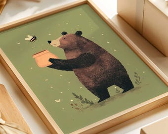 Cute Bear Nursery Art Print, Woodland Animal Wall Art, Whimsical Brown Bear with Honey Pot, Olive Green Kids Room Decor