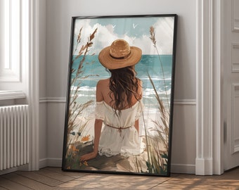 Boho Girl On Beach Wall Art, Trendy Beach Girl Summer Sea Print, Tropical Chic Ocean Wall Art, Coastal Beach House Decor, Art Gifts For Her