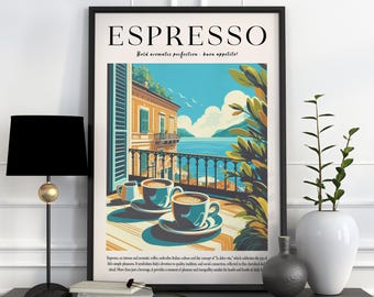 Espresso Coffee Print, Italian Drink Poster, Colourful Retro Kitchen Decor, Vintage Coffee Art, Trendy Food and Drink Wall Art, Coffee Gift