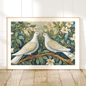 William Morris Style Doves Bird Print, Vintage Botanical Art, Vintage Floral Decor, Vintage Flower Living Room Wall Art, Exhibition Poster