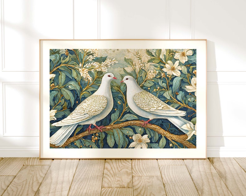 May include: Two white doves perched on a branch with green leaves and white flowers. The doves are facing each other and have a detailed, almost iridescent, appearance.