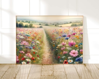 Wildflower Print, Flower Meadow Landscape Art Painting, Farmhouse Countryside Print, Spring Wildflower Field Cottagecore Art, Nature Gifts