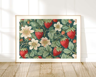 William Morris Style Vintage Strawberry Print, Botanical Gifts Fruit Decor, Original Art Painting, Kitchen Dining Room Wall Art, Food Gifts