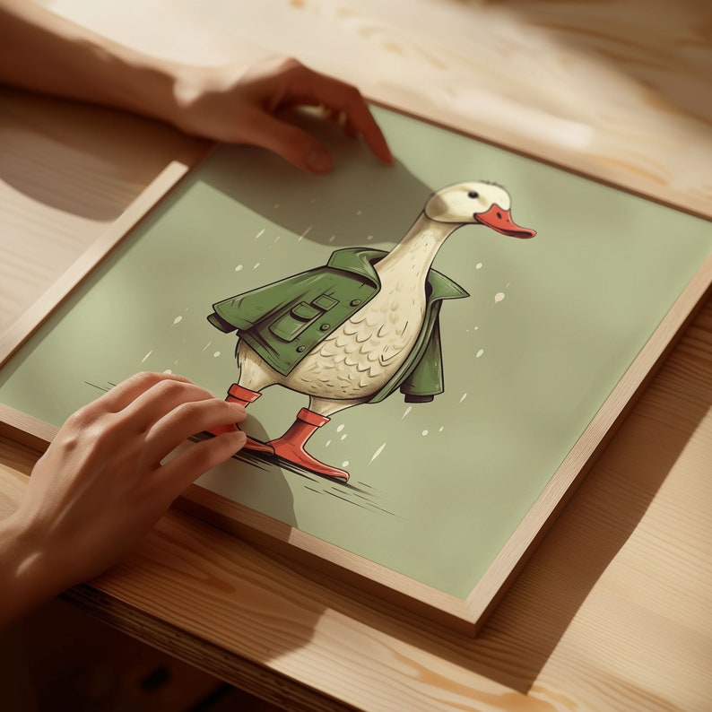 May include: A cartoon illustration of a goose wearing a green jacket and red rain boots on a green background with white dots.
