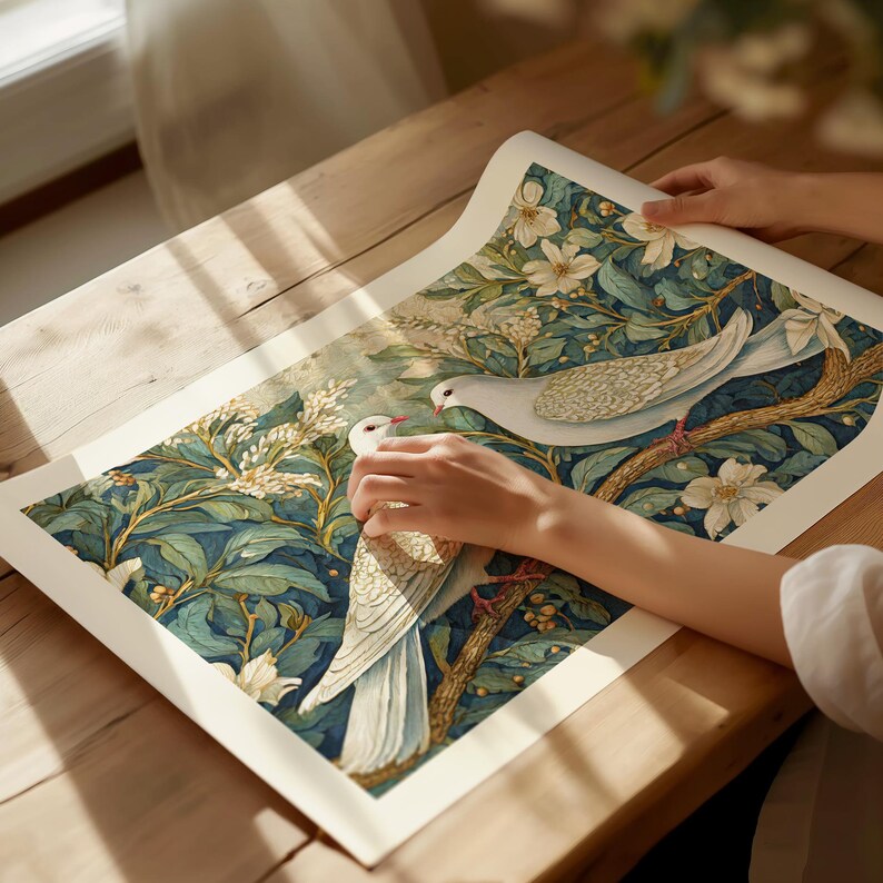 William Morris Style Doves Bird Print, Vintage Botanical Art, Vintage Floral Decor, Vintage Flower Living Room Wall Art, Exhibition Poster image 7