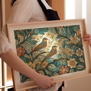 May include: A framed print featuring a whimsical floral design with two birds perched on branches. The birds are depicted in shades of blue, green, and yellow, while the flowers are in shades of pink, yellow, and orange. The background is a rich teal color.