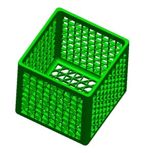 May include: A bright green plastic crate with a diamond-patterned mesh design. The crate is rectangular with an open top and is angled slightly to the left, showcasing its interior.