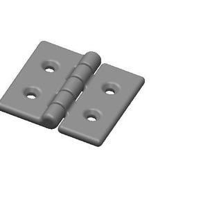 以下が含まれることがあります： 2 つの長方形のプレートが円筒形のジョイントで接続された、グレーの金属製のヒンジ。各プレートには、ネジ用の 2 つの円形の穴があります。ヒンジは、2 つの表面を接合するように設計されています。
