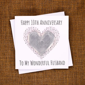 Handmade and Personalised Tin Heart 10th Wedding Anniversary 6" Square Card