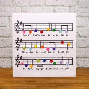 Handmade & Personalised Birthday Piano Notes, Music Notes, Music Staff, Music Stave 6" or 8" Square Card