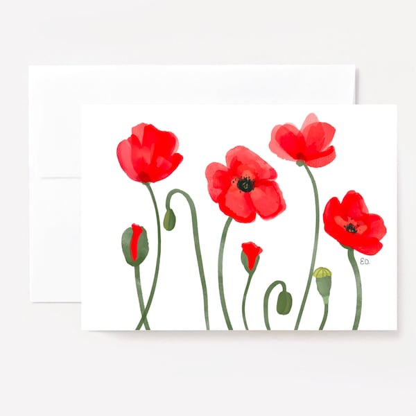 Poppy Greeting Card - Botanical Flower Illustration- Floral Poppies - Blank Inside -  A7  Envelope Included