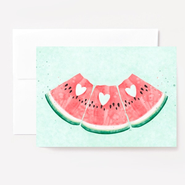 Slices Of  My Heart Card, Watermelon Greeting Card, Playful Melon Slices, Watercolor Illustrated Fruit Notecard Set