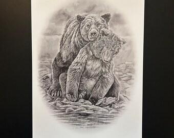 Bears Hand-drawn pencil illustration print- A4