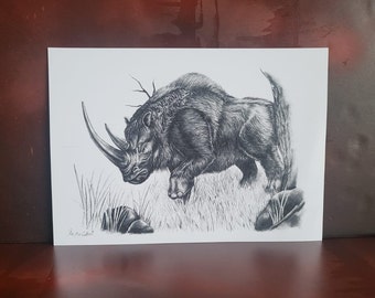Woolly rhino pencil illustration print- A4