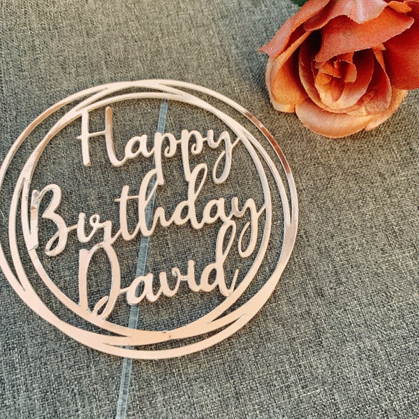 Custom name happy birthday cake topper, foil circle cake topper, personalized name birthday gift, celebration, party, cake decoration