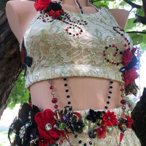 Simply Gorgeous Dance / Festival 2 Piece Costume Roses Rhinestones Feathers Beads Size Adult Small / Medium
