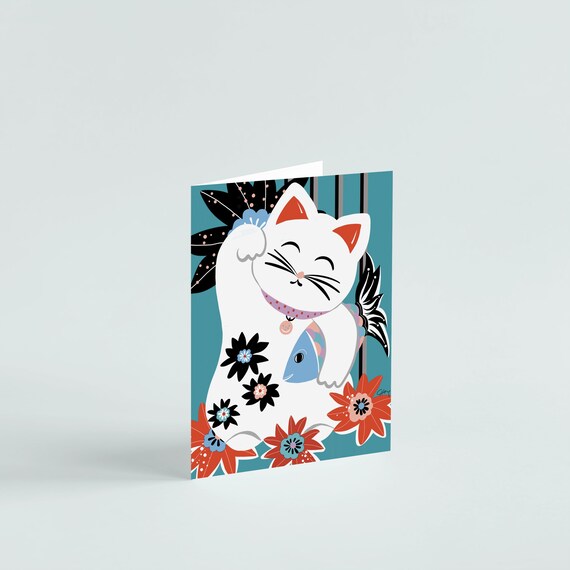 Lucky Cat Card Blank Card Teal Aqua Maneki Neko Cute Etsy