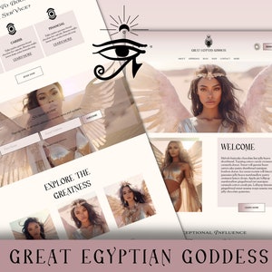 Op de afbeelding: Schermafbeelding van een website met een vrouw met vleugels en een gouden hoofdtooi. De tekst "Great Egyptian Goddess" staat onderaan de afbeelding. De website heeft een menu met de volgende opties: Over ons, Diensten, Blog, Winkel, Contact en Meer.