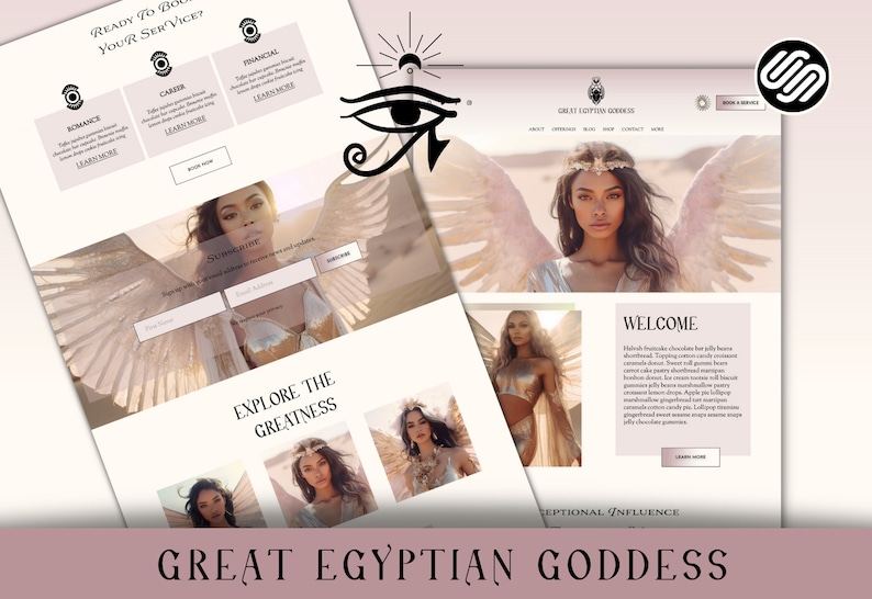 Op de afbeelding: Schermafbeelding van een website met een vrouw met vleugels en een gouden hoofdtooi. De tekst "Great Egyptian Goddess" staat onderaan de afbeelding. De website heeft een menu met de volgende opties: Over ons, Diensten, Blog, Winkel, Contact en Meer.