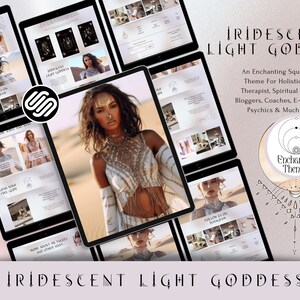 May include: A digital design featuring a Squarespace theme called "Iridescent Light Goddess." The image showcases website mockups with a woman in desert attire. Text includes "Enchanting Themes" and website details.