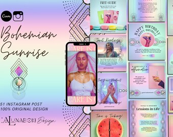 Boho Instagram Post Templates: Rainbow Canva Feed (51 Posts)