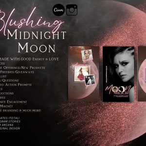 May include: A set of 73 social media templates featuring a pink and black colour scheme with a moon and stars design. The text "Blushing Midnight Moon" is featured in a pink neon font. The templates are designed for Instagram stories and include quotes, call to action prompts, and other features.