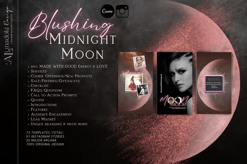 May include: A set of 73 social media templates featuring a pink and black colour scheme with a moon and stars design. The text "Blushing Midnight Moon" is featured in a pink neon font. The templates are designed for Instagram stories and include quotes, call to action prompts, and other features.