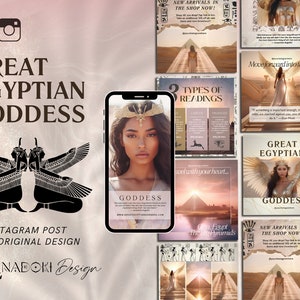 Spiritual Instagram Post Templates, Ancient Egyptian Goddess, Magical Canva Posts, Egyptian Themed Template, Gold Pink Shimmer White Canva