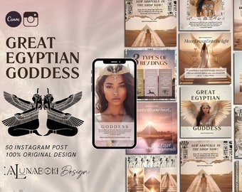 Egyptian Goddess Instagram Post Templates: Gold Shimmer Canva (50 Posts)