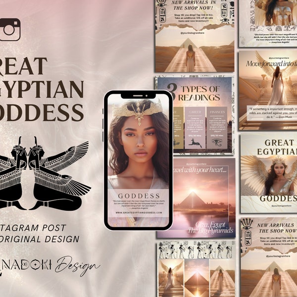 Modèles de messages spirituels Instagram, déesse de l'Égypte ancienne, messages toile magiques, modèle sur le thème égyptien, toile blanche chatoyante rose or