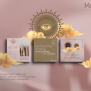 May include: A promotional graphic with a pink background features three square designs with gold accents. The designs include text and graphics for a business, with the words "Magick Eye Collection" and "Enchanting Magick".