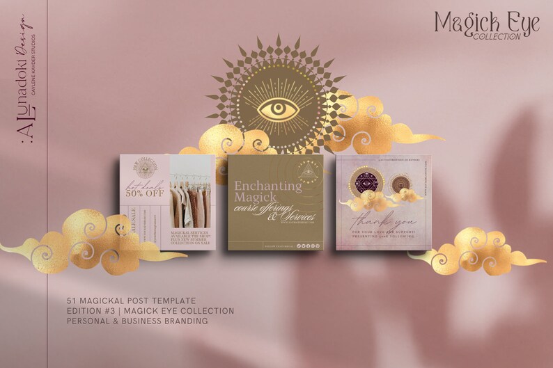 May include: A promotional graphic with a pink background features three square designs with gold accents. The designs include text and graphics for a business, with the words "Magick Eye Collection" and "Enchanting Magick".