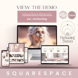 May include: A digital mockup showcasing a website design across multiple devices: a desktop computer, laptop, tablet, and smartphone. The design features a soft, neutral color palette with the text "VIEW THE DEMO" and "Squarespace". The image also includes the Canva logo.