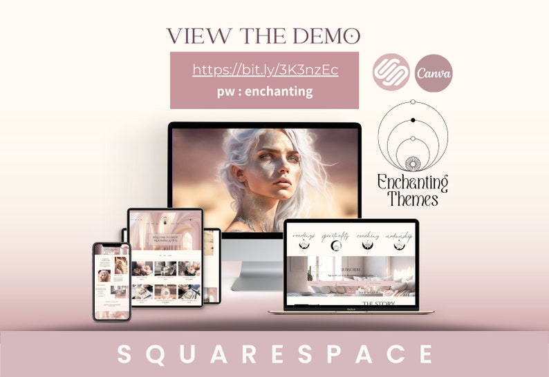 May include: A digital mockup showcasing a website design across multiple devices: a desktop computer, laptop, tablet, and smartphone. The design features a soft, neutral color palette with the text "VIEW THE DEMO" and "Squarespace". The image also includes the Canva logo.