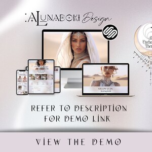 May include: A digital design showcasing a website layout on various devices: a laptop, tablet, and smartphone. The design features a woman in a desert setting. Text includes "ALUNADOKI Design", "Follow us on Instagram", and "Refer to description for demo link".