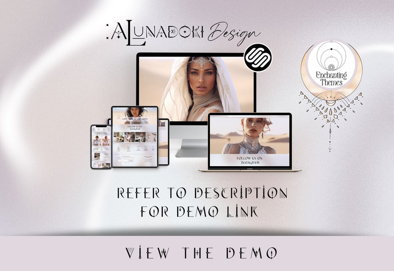 May include: A digital design showcasing a website layout on various devices: a laptop, tablet, and smartphone. The design features a woman in a desert setting. Text includes "ALUNADOKI Design", "Follow us on Instagram", and "Refer to description for demo link".