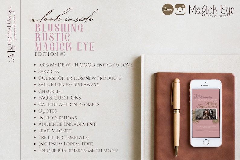 Blushing rustic magick eye features unique branding and one of a kind template design that is like no other Spiritual template on the market place.  Our designs are unique,  fun and helps you stand out from the crowd!