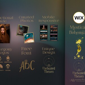 May include: A Wix website template design for a mystical bohemian business. The template features a gold and black color scheme with a unique design and free font. The template is mobile responsive and includes category logos and curated photos.