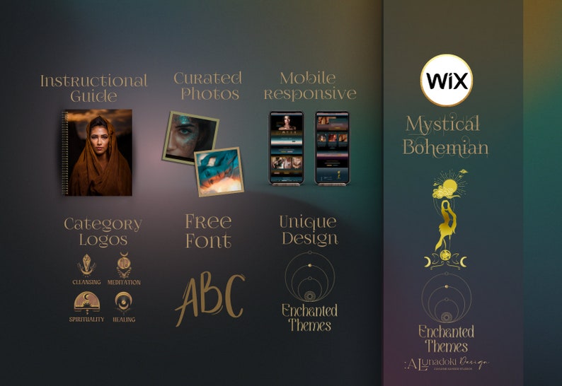 May include: A Wix website template design for a mystical bohemian business. The template features a gold and black color scheme with a unique design and free font. The template is mobile responsive and includes category logos and curated photos.