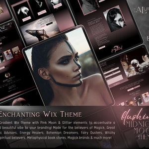 May include: A Wix website template with a pink and black gradient background. The text "An Enchanting Wix Theme" is displayed in white. The text "Blushing Midnight Moon Theme" is displayed in pink. The website template is designed for psychic advisors, energy healers, bohemian dreamers, and other spiritual businesses.