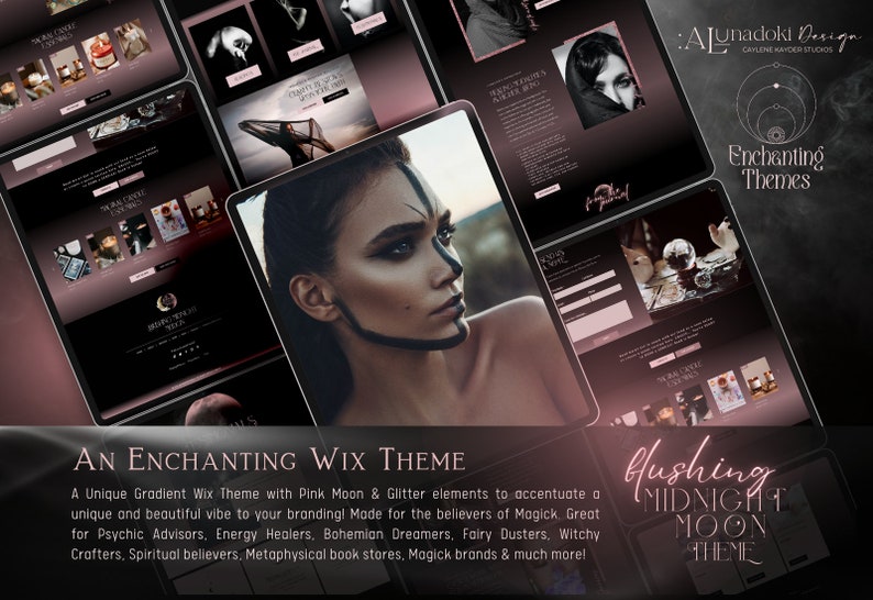 May include: A Wix website template with a pink and black gradient background. The text "An Enchanting Wix Theme" is displayed in white. The text "Blushing Midnight Moon Theme" is displayed in pink. The website template is designed for psychic advisors, energy healers, bohemian dreamers, and other spiritual businesses.